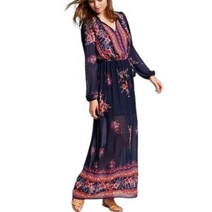 Xhilaration Women's boho Long-Sleeve Maxi Dress blue floral  sz M